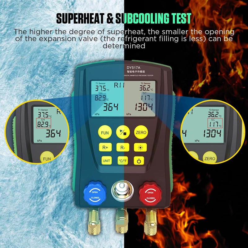 KAISAL HVAC Gauges Digital Manifold Gauge Set Dual Pressure&Temp Test 89 Refrigerant Gauges R22 R134A R410A Refrigerant Recharge Kit HVAC Manifold Vacuum AC Gauge with Hoses for Air Conditioning/Refrigerator - Image 4